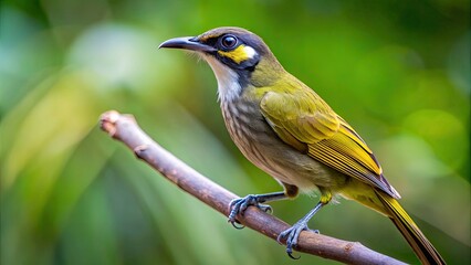 Close up view of a Lewin's honeyeater perching on a branch in a North Queensland rainforest , Lewin's honeyeater, bird