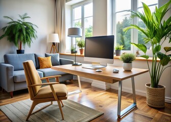 Fototapeta premium Sleek desktop computer sits on a stylish home office desk amidst a bright, cozy living room with modern decor, perfect for working from home professionally.