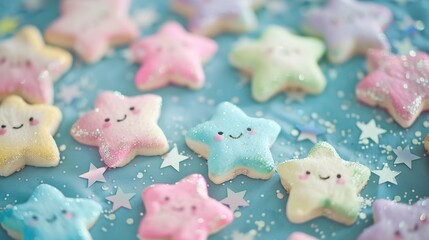 Kawaii Style Small Stars with Cute Eyes and Moon: Adorable Night Sky Scene