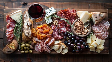 Fototapeta premium A stunning charcuterie board with an assortment of cured meats, cheeses, olives, dried fruits, nuts, and artisan bread accompanied by a glass of wine on a rustic wooden board perfect for entertaining