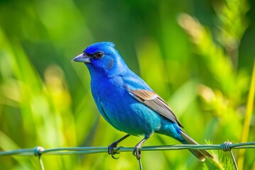 Obraz premium Vibrant indigo bunting perches on a wire fence, its bright blue plumage glistening in the sunlight, as it searches for seeds in a lush green meadow.