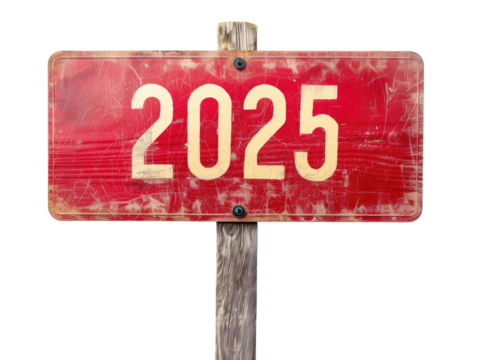 New year number 2025 written on red wooden signboard, isolated on transparent background - Powered by Adobe
