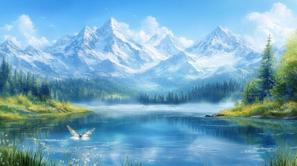 Fototapeta premium Scenic mountain landscape with crystal clear lake and swan, surrounded by lush green forest and snow-capped peaks under a bright blue sky.