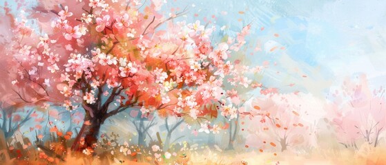 Spring blossoms, flowering trees and fresh growth, lively and rejuvenating, Watercolor style