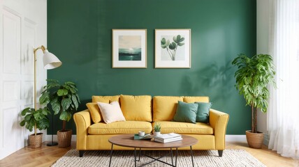 Obraz premium Modern Living Room with Yellow Sofa and Green Plants Decor - Interior Design Inspiration