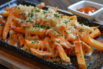 Close-up of Melted Cheese Fries with Parsley