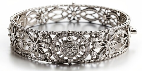 Silver bracelet with intricate filigree design and crystal accents, jewelry, accessory, shiny, elegant, luxury, fashion, metal