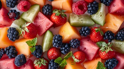 Obraz premium Top view of a mix of fresh berries and sliced melons, creating a colorful background.