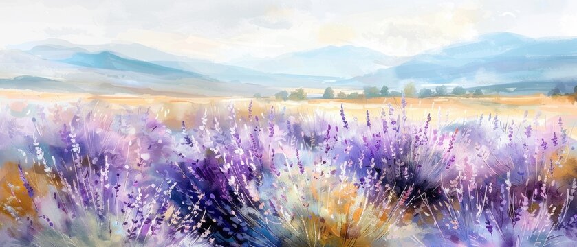 Field of lavender, purple blooms and gentle breeze, fragrant and peaceful, Watercolor style