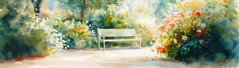 Hidden garden, overgrown plants and secluded bench, secret and tranquil, Watercolor style