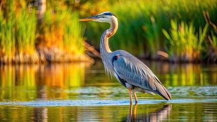 Naklejka premium Majestic great blue heron standing gracefully in shallow water, wildlife, bird, nature, heron, blue