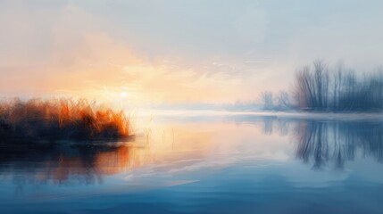Fototapeta premium Lake at dawn, still water and soft light, tranquil and reflective, Watercolor style