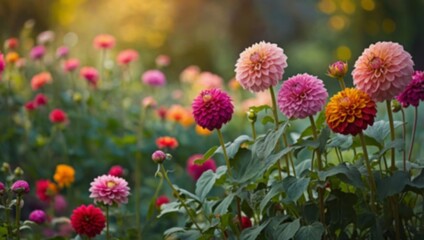 Obraz premium Colorful flowers bloom softly in a garden, surrounded by lush greenery under warm evening light, creating a serene autumn atmosphere, unfocused image