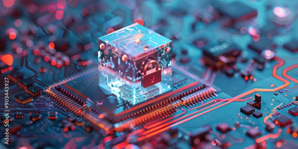 Aufkleber Glass Cube with a Lock on a Circuit Board