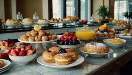 Naklejka premium A beautifully arranged breakfast display with pastries, fresh fruit, and refreshing juices awaits in a well-lit café setting, unfocused image
