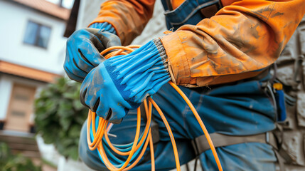 Fototapeta premium Electrician wearing blue gloves and orange uniform working with electric cables. Close-up shot of hands and cable wiring outdoors.