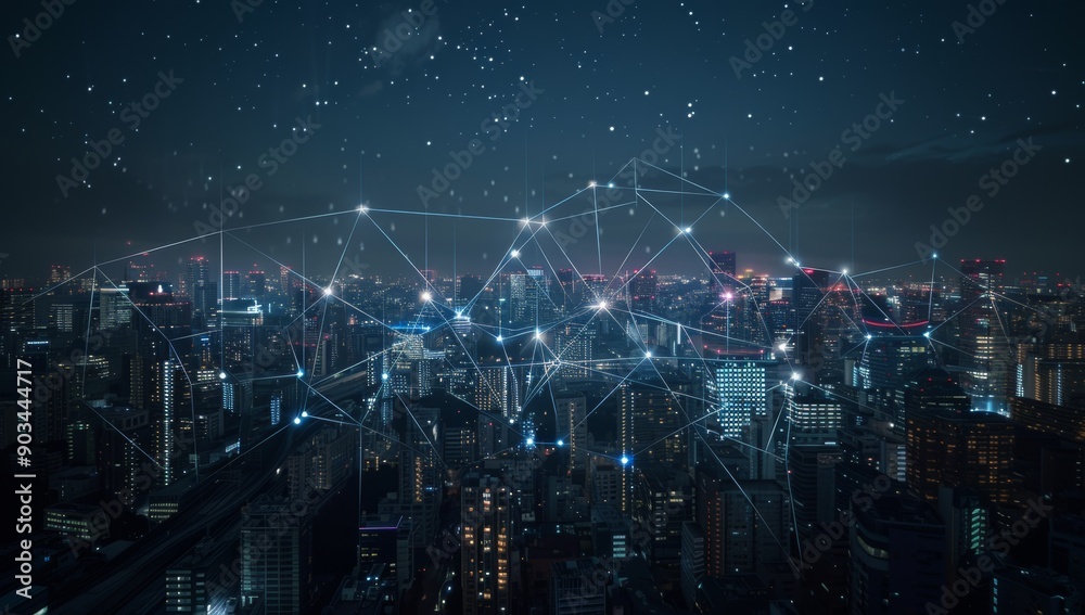 Poster nighttime cityscape with illuminated buildings and abstract network connections