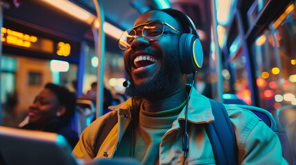 Obraz premium Happy man with headphones enjoying music on a bus ride at night, with city lights in the background.
