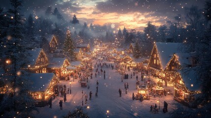 Fototapeta premium A bustling winter holiday market with stalls selling hot cocoa and festive treats, shoppers in warm attire, and twinkling fairy lights hanging above