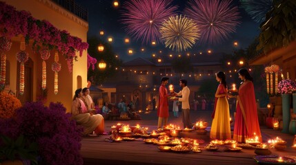 A festive Diwali celebration with vibrant fireworks, illuminated lanterns, and families exchanging gifts and sweets in a warmly decorated home