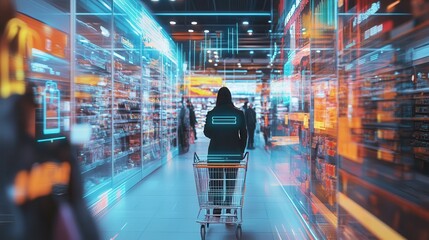 A futuristic Black Friday shopping spree with shoppers using augmented reality to view deals, autonomous carts navigating the aisles, and digital price tags changing in real-time