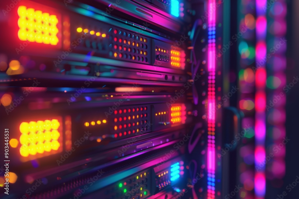Poster closeup of a server rack with colorful led lights