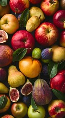 A blend of fresh apples, pears, and figs, forming a natural and vibrant background, viewed from above.