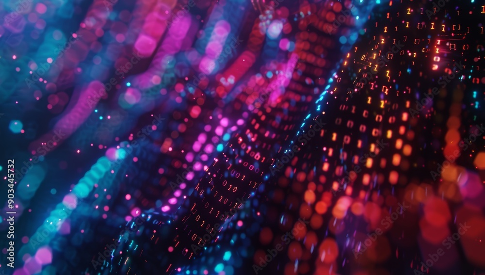 Aufkleber Abstract Digital Code with Neon Lights and Bokeh