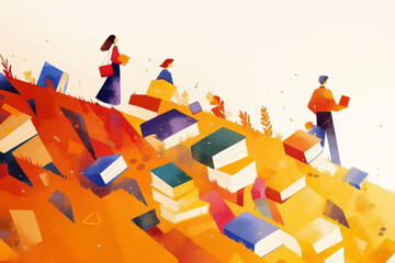 Abstract Illustration of People Walking on a Hill of Books in Warm Colors