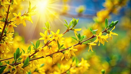 Forsythia branch with vibrant green leaves under the sun in spring , spring, sunny day, flowering bush, yellow flowers