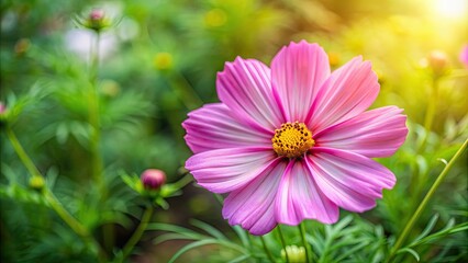 Obraz premium Beautiful pink cosmos flower surrounded by green leaves in a garden, pink, cosmos, flower, beautiful, blossom, garden, nature