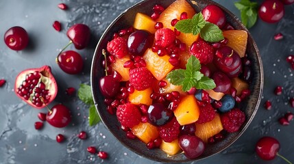 Fresh berries, cherries, and pomegranate seeds creating a beautiful top-view fruit salad.