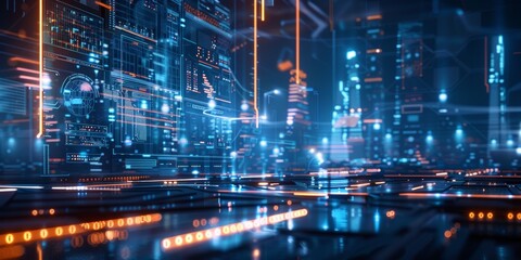Naklejka premium Futuristic Cityscape with Neon Lights and Digital Interfaces