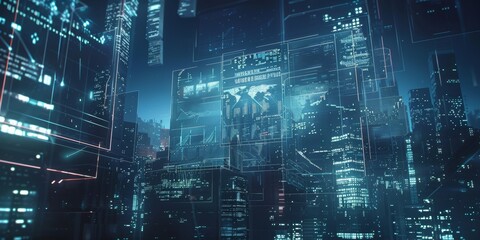 A futuristic cityscape with glowing digital overlays
