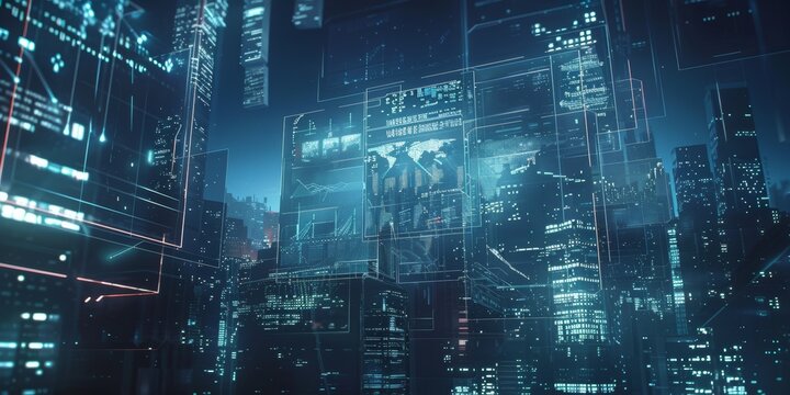 A futuristic cityscape with glowing digital overlays