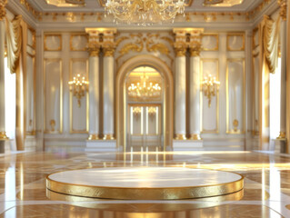 Obraz premium Elegant Velvet Podium, front view focus, with a Royal Palace Ballroom Background