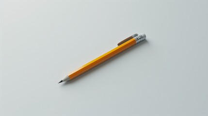 Minimalist flat lay of a single pencil and eraser on a white background, depicted with detailed and precise 3D shading
