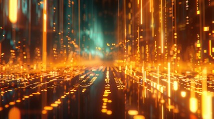 Fototapeta premium A bright orange cityscape with a lot of lights and reflections