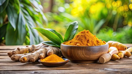 Turmeric curcumin powder and fresh rhizome on wooden table with plant background, Turmeric, curcumin, powder, rhizome, wooden table