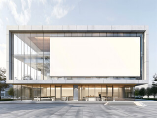 Fototapeta premium Outdoor Art Museum with Large Blank Banner Display and Modern Architecture under Blue Sky