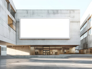 Obraz premium Outdoor Art Museum with Large Blank Banner Display and Modern Architecture under Blue Sky