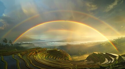 Double Rainbow Over Lush Rice Terraces and Misty Mountains