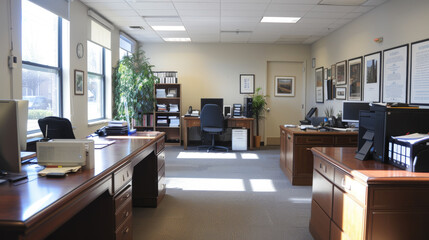 Empty office with Original concrete ceiling and wooden furniture