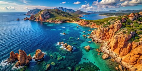 Aerial view of the stunning red rock coast of Sardinia , Sardinia, Italy, Mediterranean
