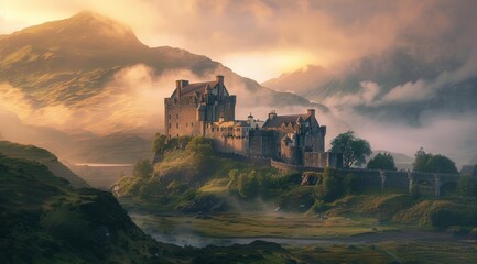 Obraz premium Majestic Castle Perched on a Mountaintop Amidst Mist and Golden Sunlight