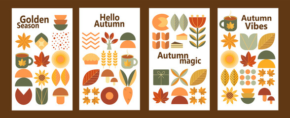 Autumn set. Hello autumn background concept. Bauhaus pattern abstract geometric. Poster for sale, banner, cover, flyer. Autumn phrase with cute cozy design elements.