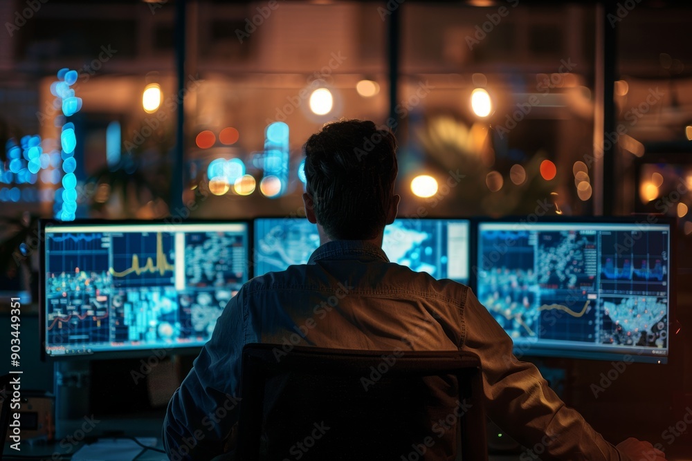 Aufkleber man working late at night on multiple computer screens