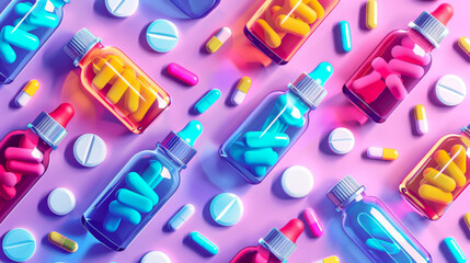 Fototapeta premium Array of liquid medications and droppers flat design top view pharmaceutical theme cartoon drawing vivid