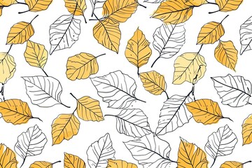 A pattern with a cartoonistic illustration of a white and gold leaves white background. Thick cartoon lines