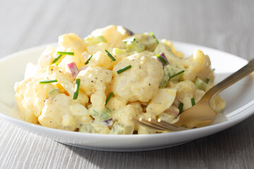 Low Carb Diet Friendly Cauliflower Potato Salad on a Simple White Plate
